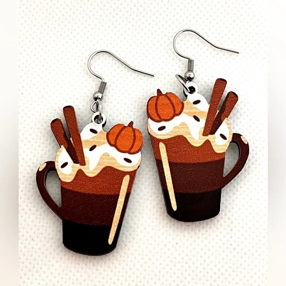 NWT Pumpkin Spice Latte Drop Dangle Earrings Lightweight Wood Fall Autumn - Picture 7 of 11